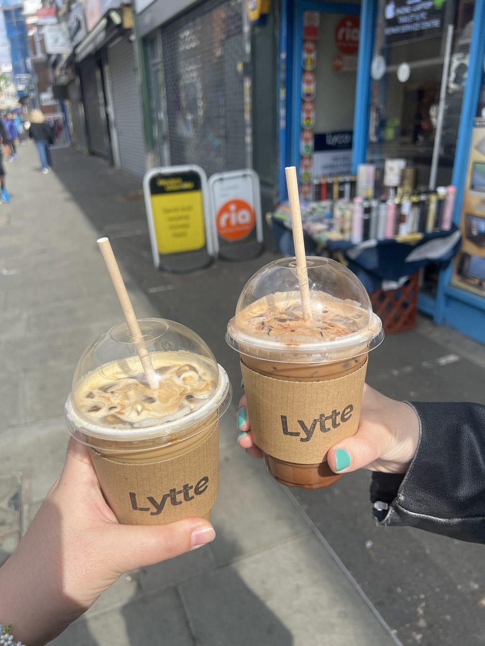 Two iced lattes on North End Road, Fulham